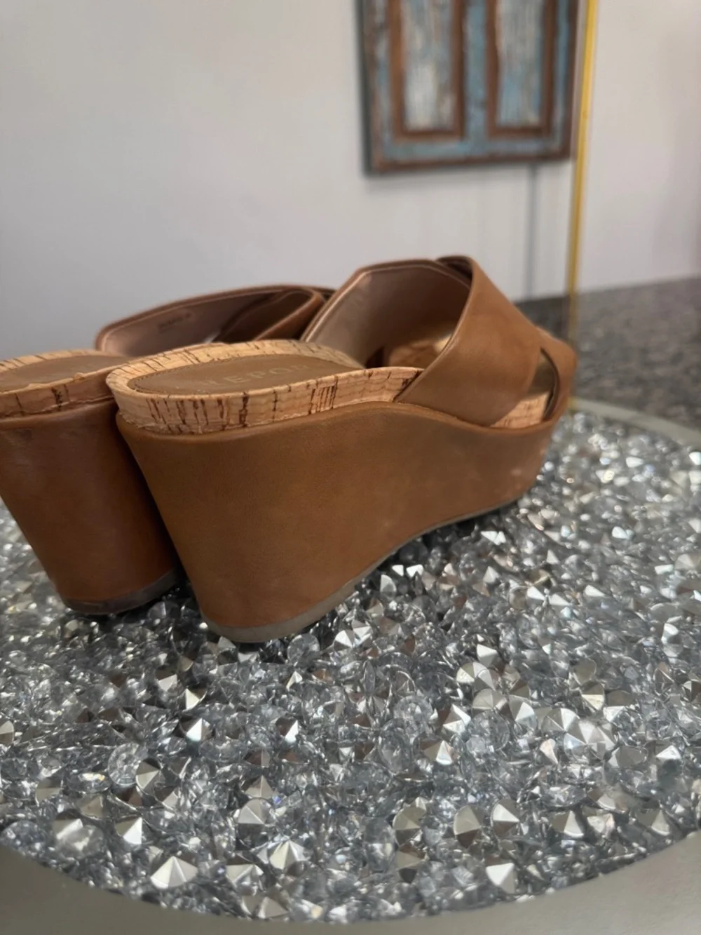 Report Basil deep camel Tan Crisscross Cork Wedge Slides EUC 8